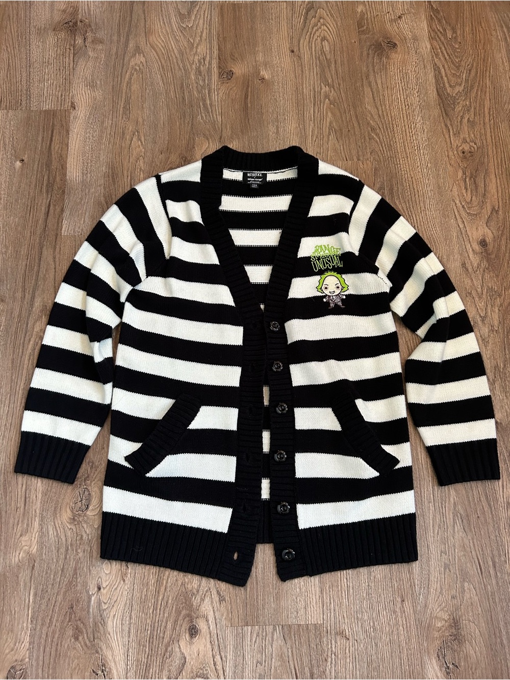 NWOT Unique Vintage Black and White Striped Cardigan with Embroidered Patch